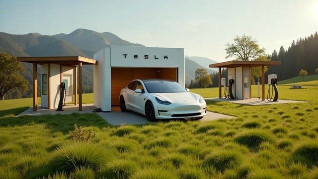 AI-generated image: {
  "subject": {
    "description": "Cinematic shot of a Tesla-branded crate resting in a serene ope