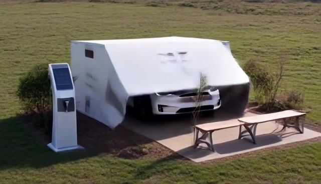 AI-generated image: {
  "subject": {
    "description": "Cinematic shot of a Tesla-branded crate resting in a serene ope