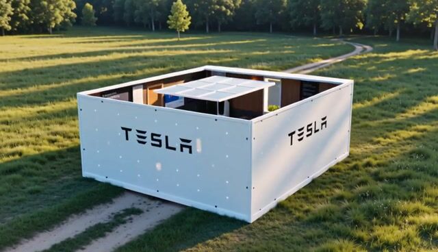 AI-generated image: {
  "subject": {
    "description": "Cinematic shot of a Tesla-branded crate resting in a serene ope