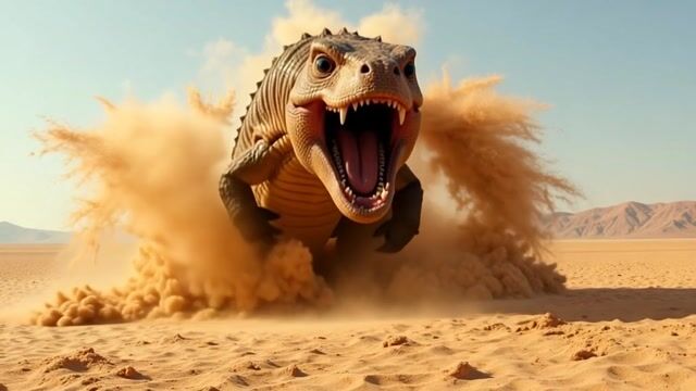 AI-generated image: {
  "subject": {
    "description": "a giant sandworm jumping out sand in a desert",
    "wardrobe":