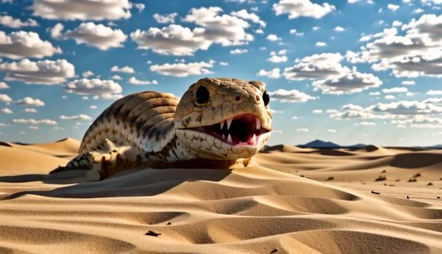 AI-generated image: {
  "subject": {
    "description": "a giant sandworm jumping out sand in a desert",
    "wardrobe":