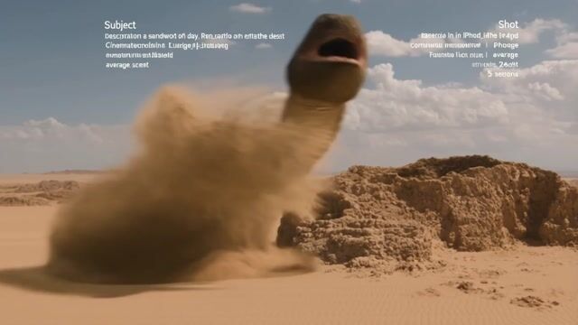 AI-generated image: {
  "subject": {
    "description": "a giant sandworm jumping out sand in a desert",
    "wardrobe":