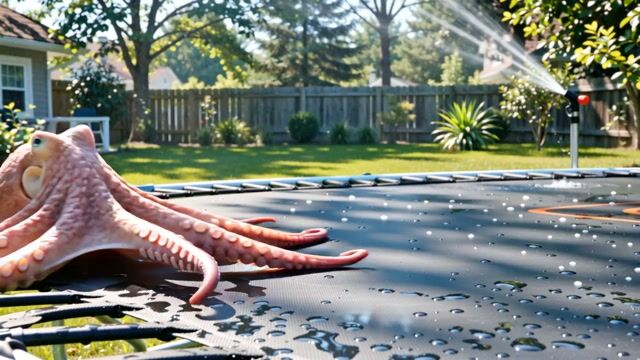 AI-generated image: === Scene ===

Description: An octopus somehow ends up in a suburban backyard and slithers onto a tr
