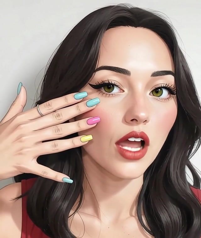 AI-generated image: the woman is showing off her colorful nails