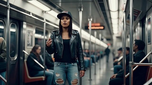 AI-generated image: a woman in the subway rapping