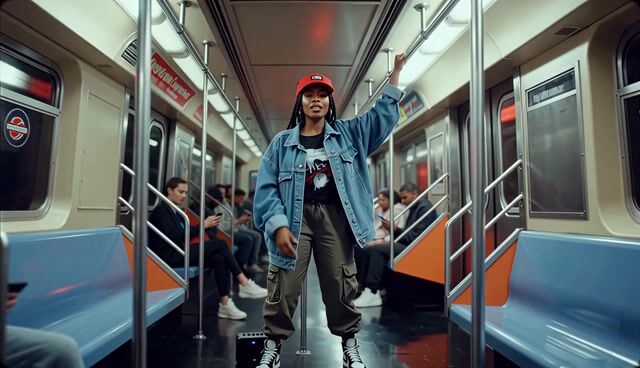 AI-generated image: a woman rapping on the subway