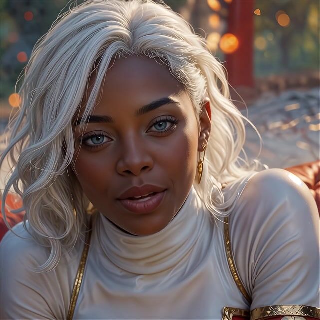 AI-generated image: In a golden hour dusk close-up portrait, a young Black woman with piercing blue eyes, platinum blond