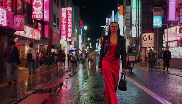 AI-generated image: A stylish woman walks down a Tokyo street filled with warm glowing neon and animated city signage. S