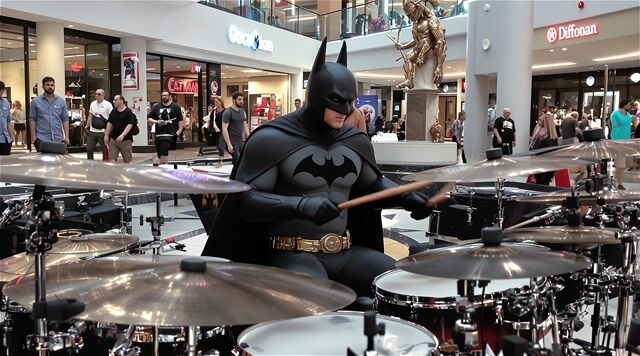 AI-generated image: Batman playing the drums "Jazz Fusion"style..