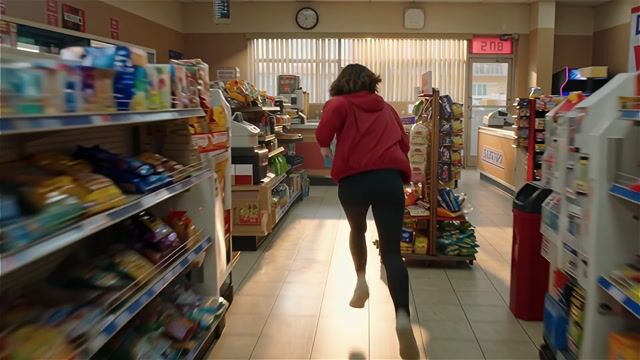 AI-generated image: a thrilling action sequence of a woman trying to find her favorite candy. The candy wrapper is purpl