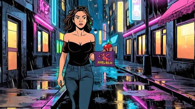 AI-generated image: a woman walking through the city with neon rain