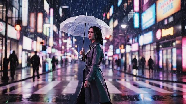 AI-generated image: a woman walking through the city with neon rain