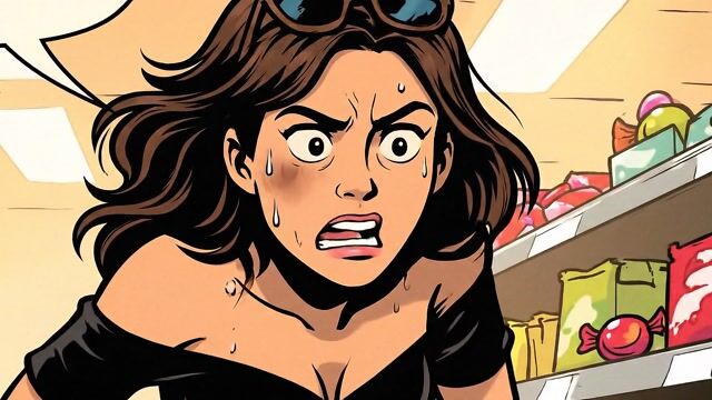 AI-generated image: A dramatic thriller featuring a woman trying to find the last pixel dojo candy bar with the purple d