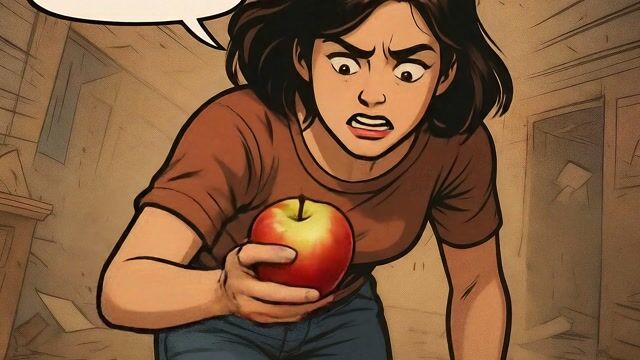 AI-generated image: a woman searching for the last pixel dojo candy bar