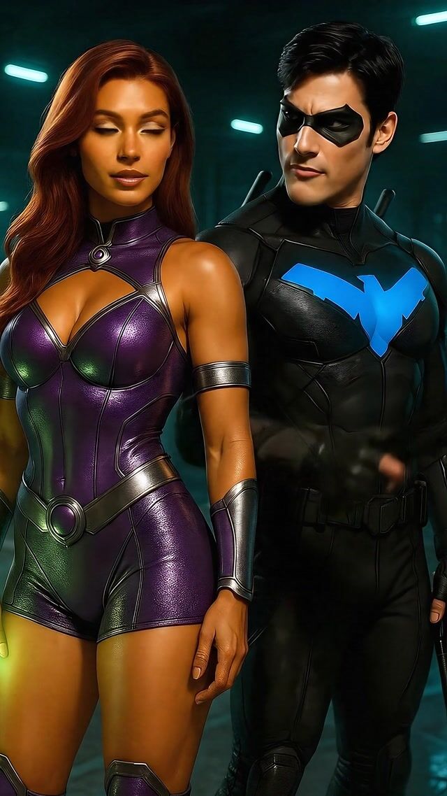AI-generated image: Nightwing talks to Starfire about Batman.