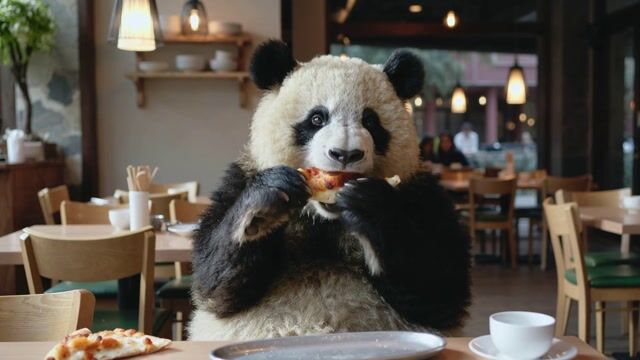 AI-generated image: Huge Panda bear eating pizza in restaurant, photorealistic cinematic style