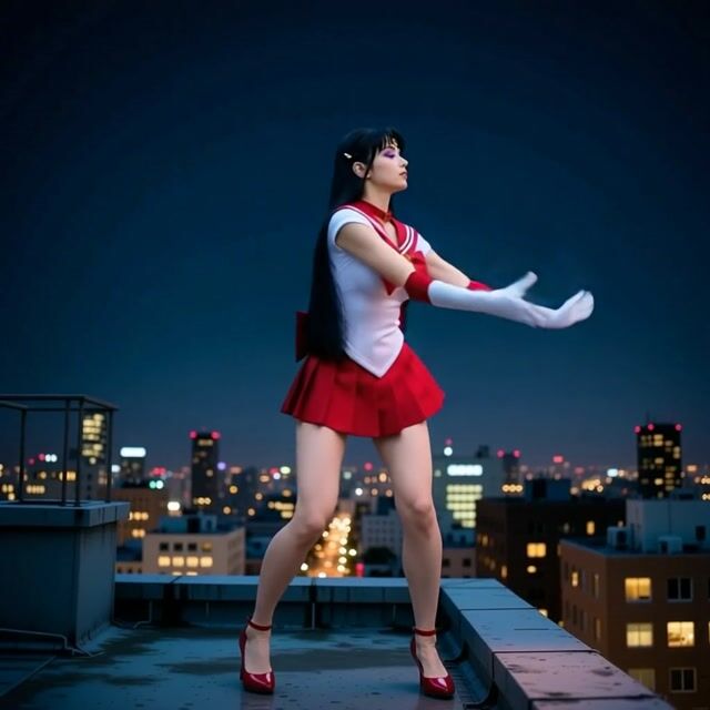 AI-generated image: Sailor Mars shakes her arms and stretches. The she creates a bow made of fire 