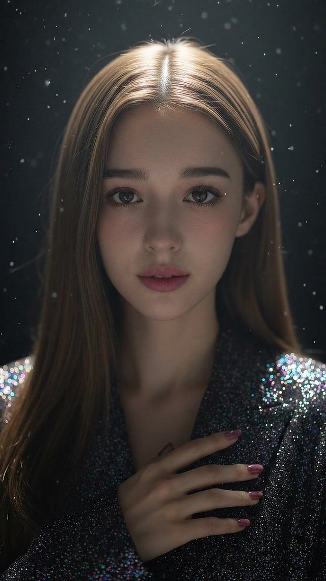 AI-generated image: “A slow cinematic shot of a woman staring at her own reflection with the white particles floating li