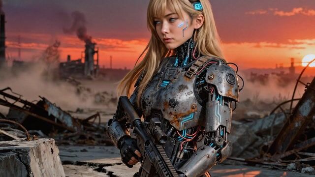 AI-generated image: Opening shot: Medium close-up of a blonde cyborg woman in weathered metallic armor holding a rifle, 