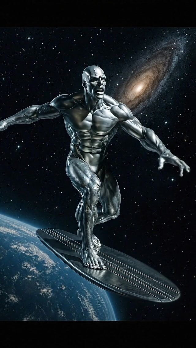 AI-generated image: Opening shot: Dynamic low-angle view of the Silver Surfer poised on his gleaming silver surfboard, h