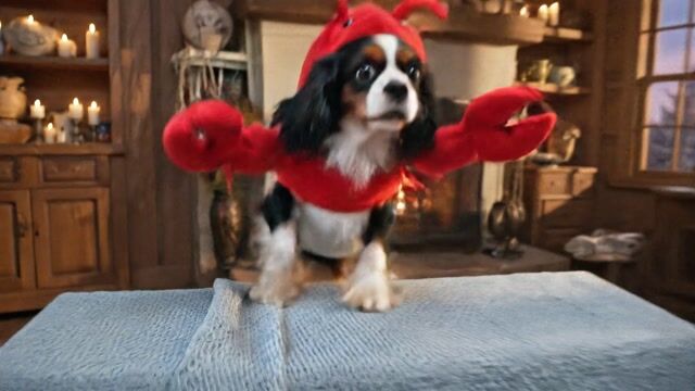 AI-generated image: Opening shot: Wide framing from table level, low angle focusing on anthropomorphic dog in shiny red 