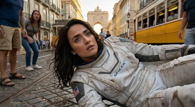 AI-generated image: The camera tilts up from Pamela's landing position as she slowly stands, onlookers gather and stare 