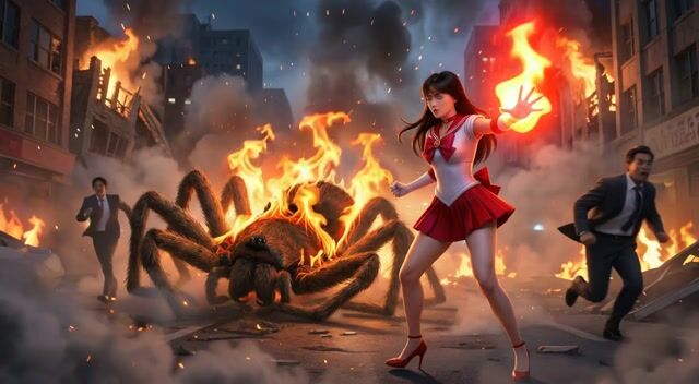 AI-generated image: The camera zooms in quickly as Mars unleashes fire magic towards the Spider, causing it to collapse,