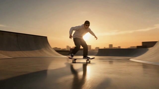 Skateboarder Carving Golden Dusk Light