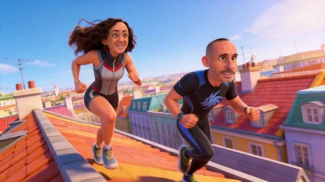 Rooftop Sprint Through Sunlit Cityscape