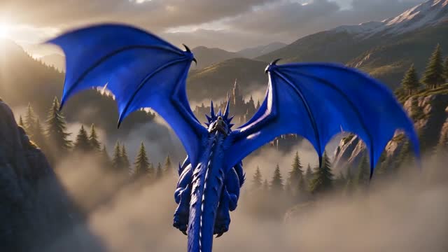 Cobalt Dragon Over Misty Peaks