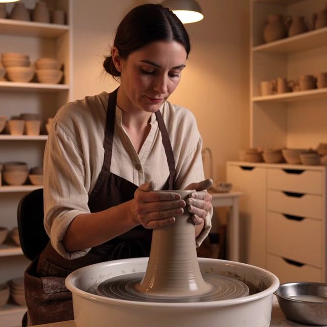 A ceramic artist shapes a tall vase on a spinning potter's wheel, wet clay rising between her hands, warm studio light. Audio: the wheel turning, wet clay, no music, no subtitles.