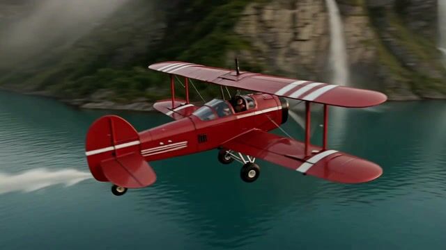 Scarlet Biplane Over Fjord