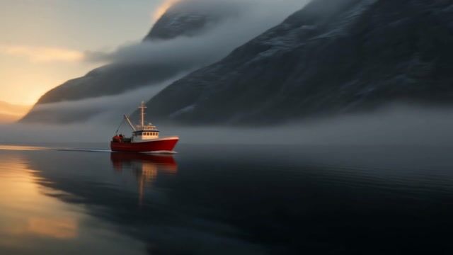 Red Boat in Fjord Mist