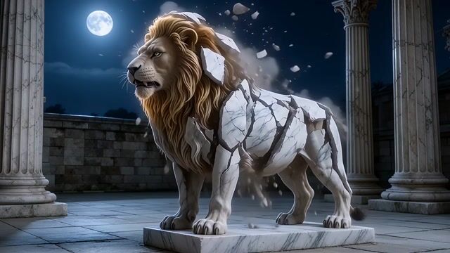 Moonlit Marble Lion Awakens