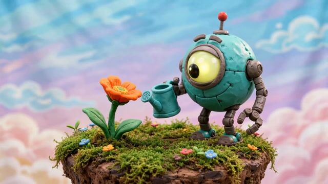 Teal Robot Waters Clay Flower