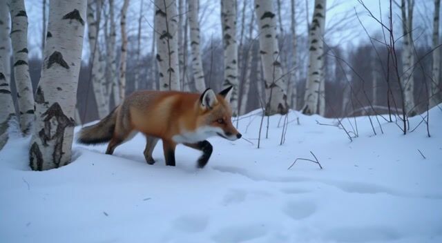 Fox Trotting Through Birch Snow