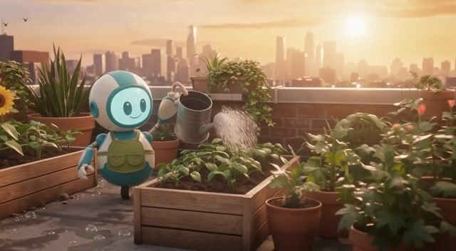 Robot Tends Sunrise Rooftop Garden