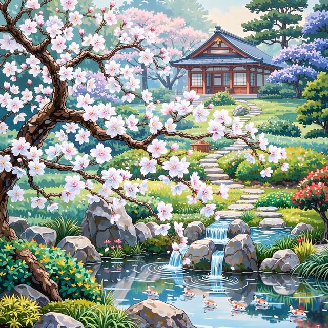 Blossoms Over Tranquil Koi Pond