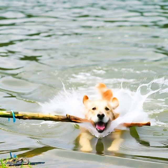 Golden Retriever Splashes Through Sunlit Lake