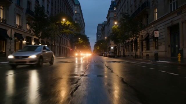 Wet Pavement Under City Lights