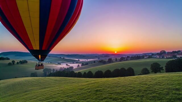 Dawn Balloon Over Verdant Hills