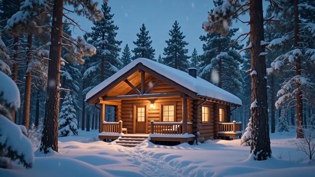 Cozy Cabin in Winter Twilight