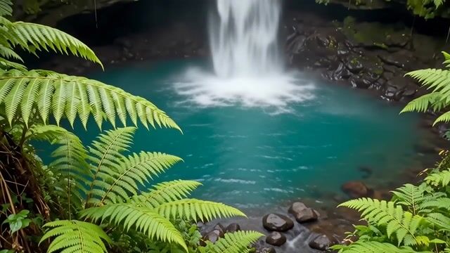 Fern-Framed Cascade Into Turquoise Depths