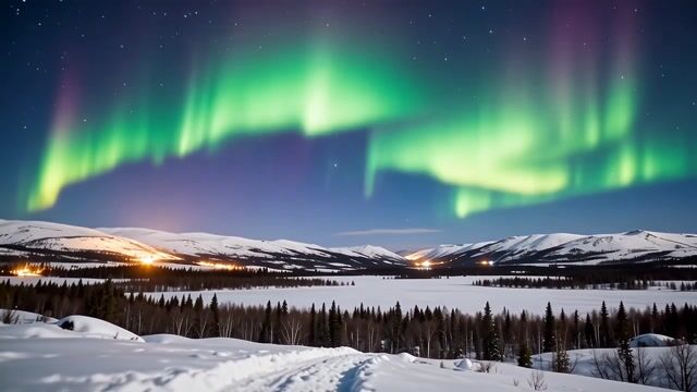 Aurora Over Frozen Mountain Valley