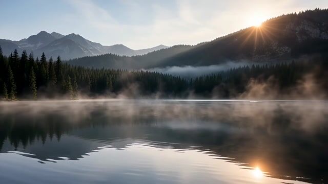 Dawn Mist Over Alpine Lake
