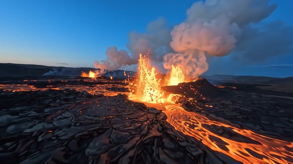 Low aerial view over a volcanic fissure at blue hour, lava fountains bursting orange and glowing rivers of molten rock snaking across black lava fields under rising smoke