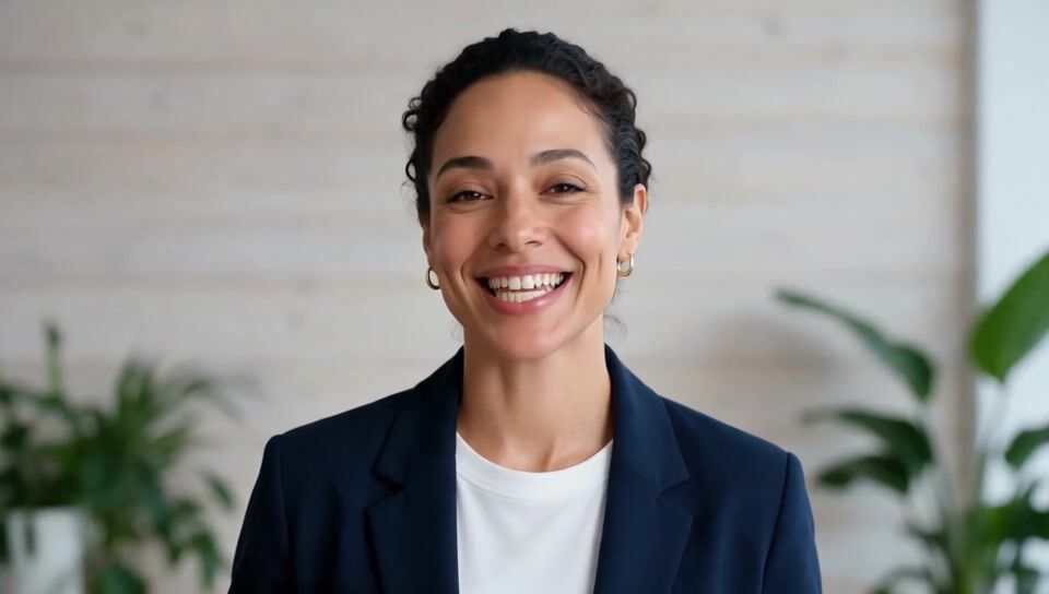 Product presenter with dark curly hair, gold hoop earrings and a navy blazer smiling and speaking to camera in a bright studio with plants