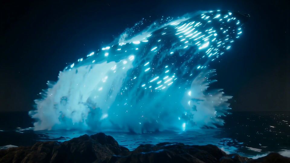 A giant whale of glowing blue light bursts from a black night sea, then a close-up of a gray-bearded man in a yellow oilskin staring up, then the whale crashing down beside a white lighthouse in glowing foam and sparks
