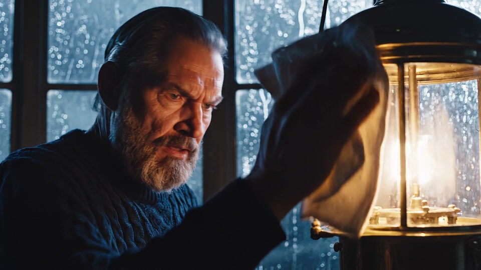 A bearded man in a navy cable knit sweater polishes a glowing brass lantern, then turns and speaks, rain streaming down the dark window behind him.