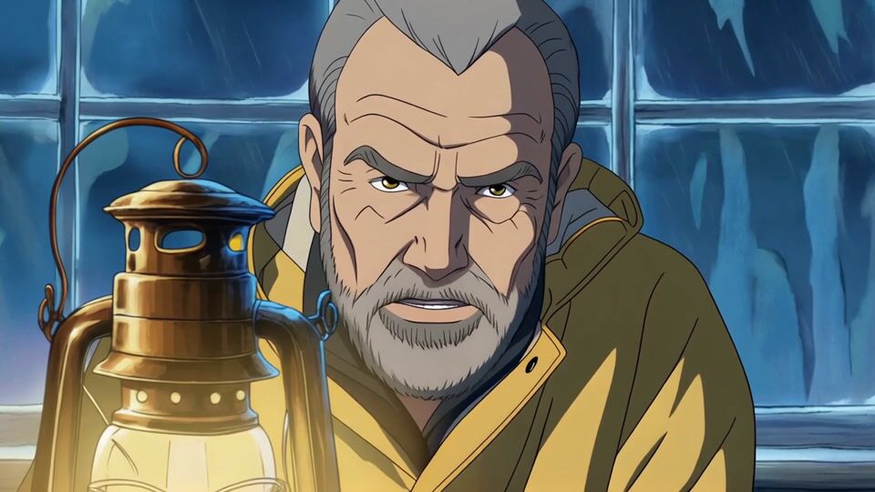 Hand painted anime version of a grey bearded sailor in a yellow oilskin coat beside a brass lantern, painted rain on the window panes behind him